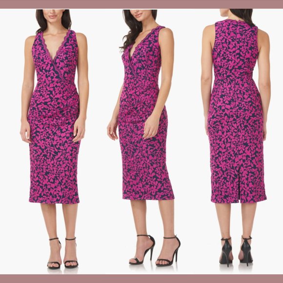 NWT JS Collections [ 8 ] Floral Embroidery‎ VNeck Sheath Midi Dress Magenta